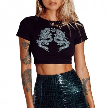 Women Short Sleeve Dragon Print T-shirt Summer Fashion Crop Top